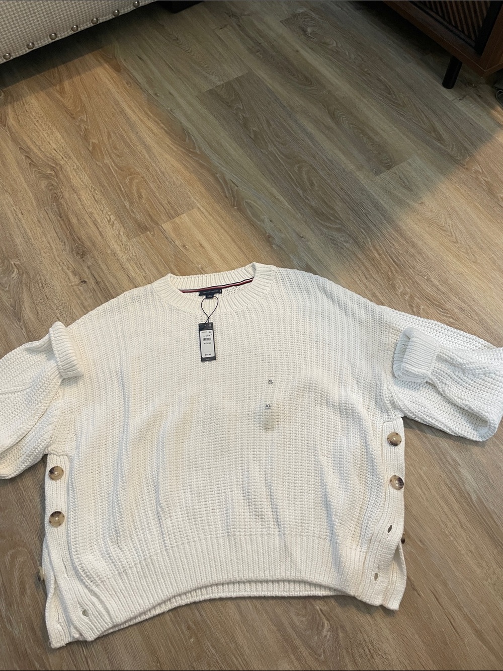 Tommy Hilfiger White Knit Button-Side Sweater